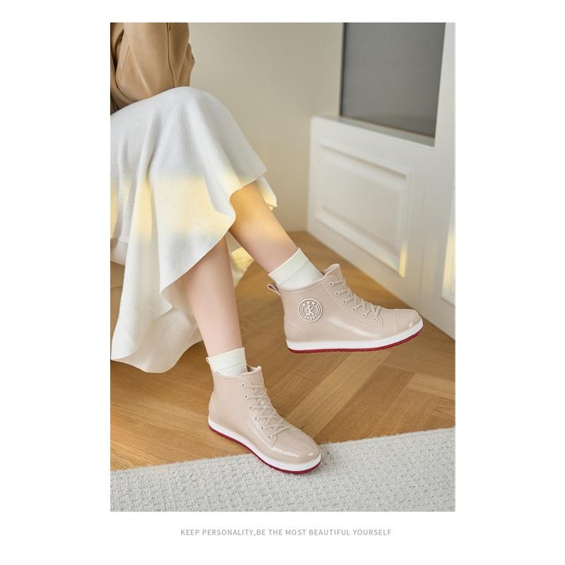 Women Ankle Rain Boots Lace Up Canvas Style Waterproof PVC Rubber Wellies Non Slip Casual Short Rain Shoes