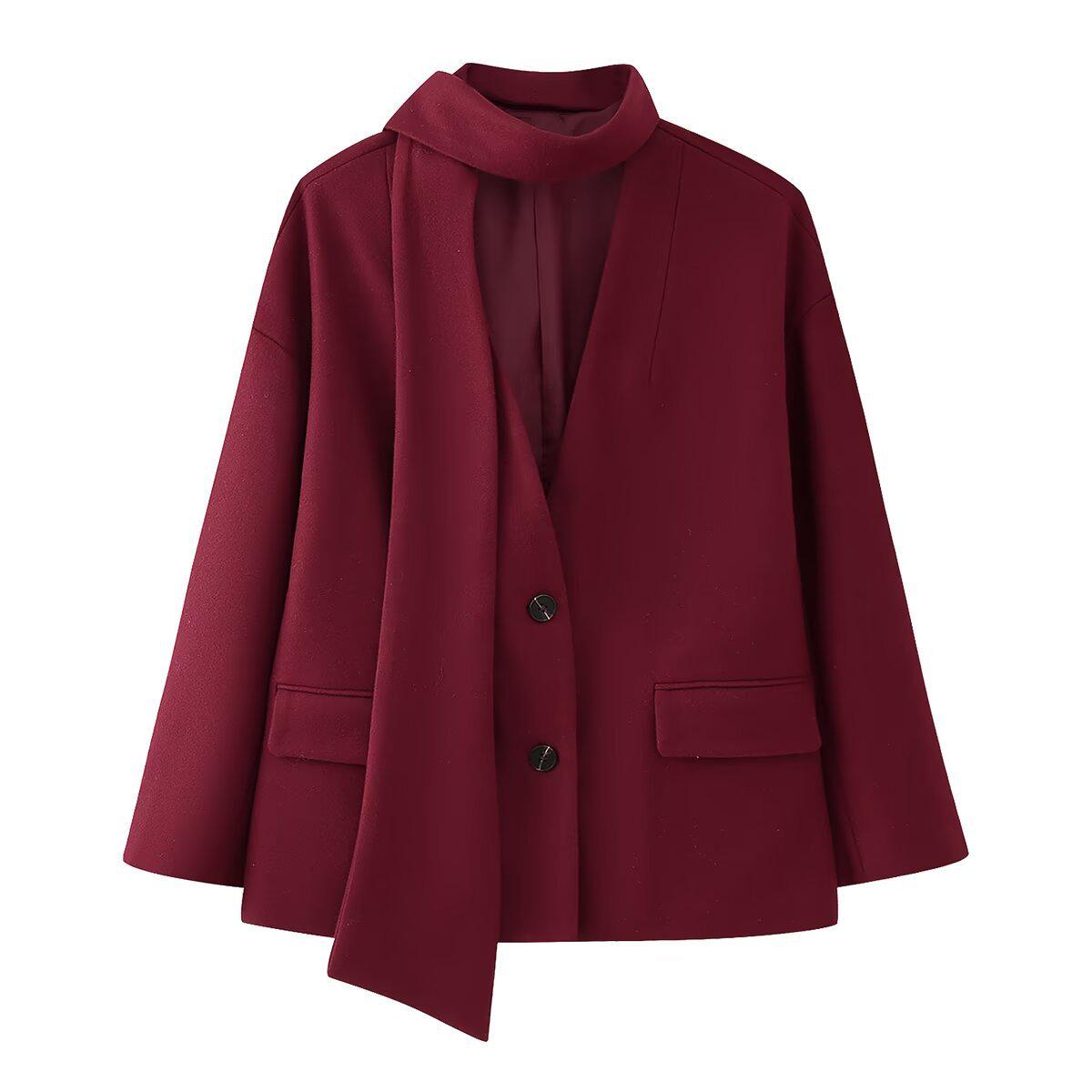 

Women s European & American Scarf Collar Wool Coat. Small бордовый