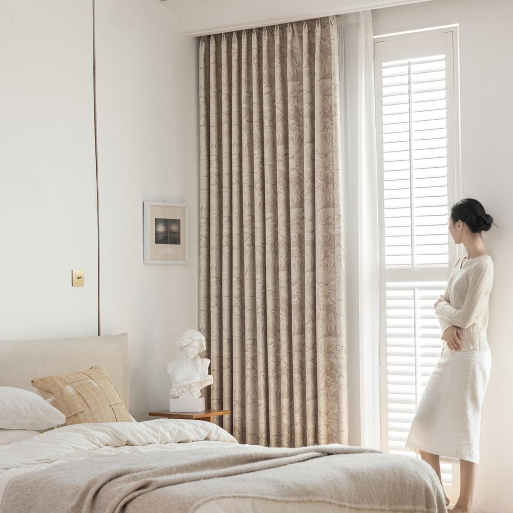 French Scandinavian Style Printed Bedroom Hooks, Perforated Curtains, Full Blackout Sun Protection Cloth