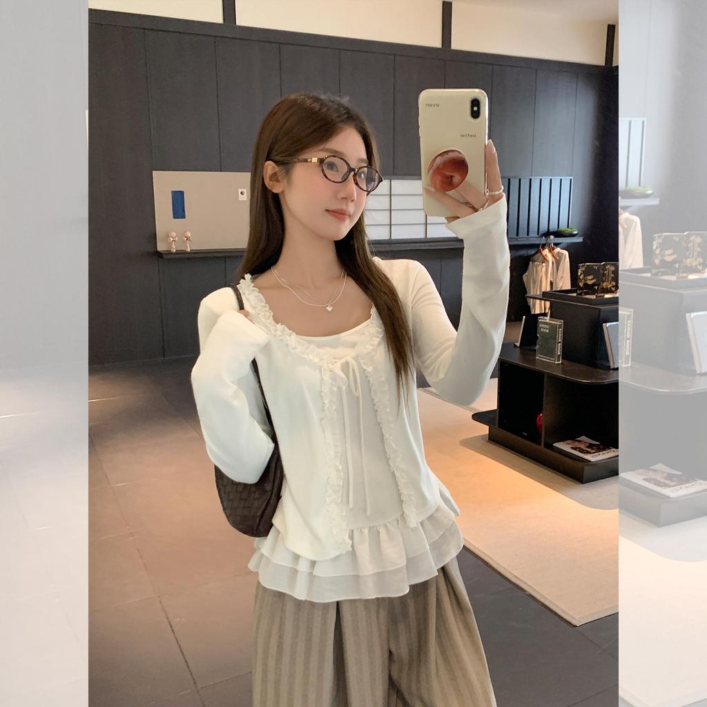 Pure Desire Fake Two-piece Hem Splicing Design Sense Long-sleeved T-shirt Women's Early Autumn Bottoming Shirt Fungus Lace Top