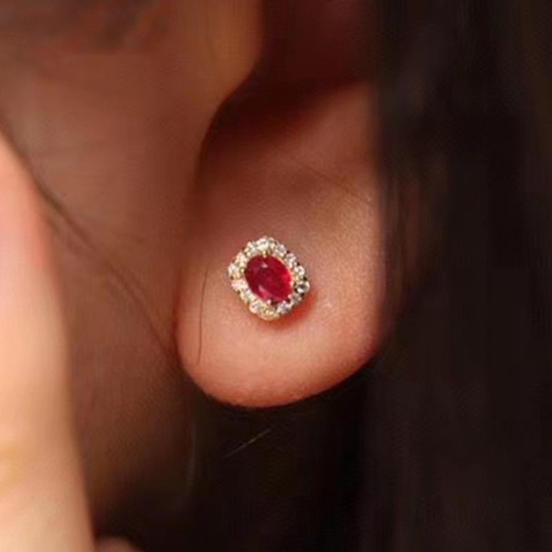Earrings, Vintage Hepburn Style Imitation Red Corundum Zircon Stud Earrings, Luxury Anniversary Accessories