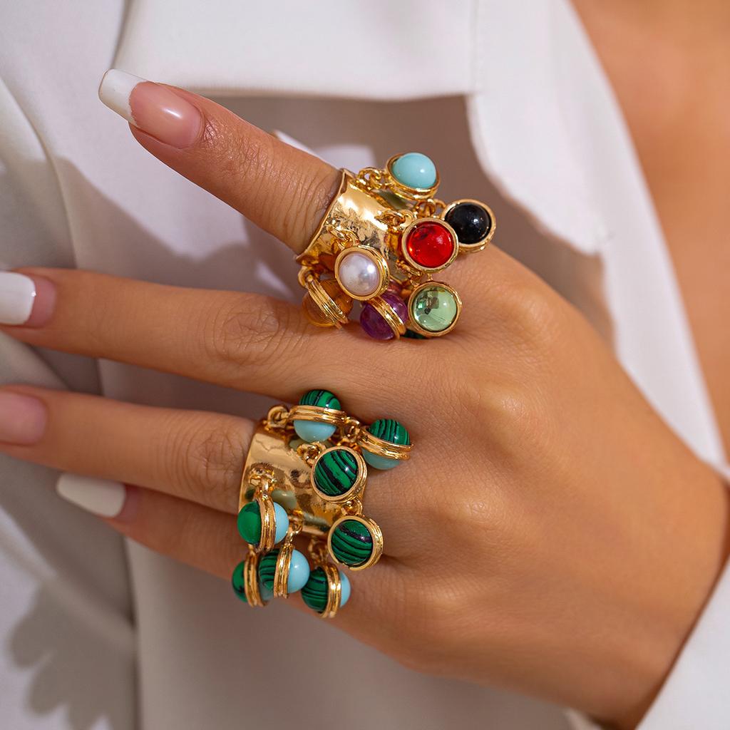 Colorful Stone Multi Pendant Tassel Bead Rings for Women Exaggerated Large Grunge Adjustable Finger Ring Geometric Jewelry Accessories Gift