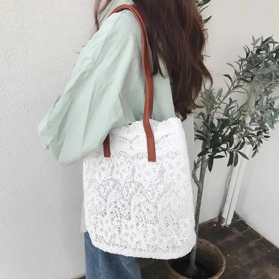 Lace Bag Women's Inns Sen Style Beautiful Small Fresh Shopping One Shoulder Handbag Embroidered Flower Hollow Tote