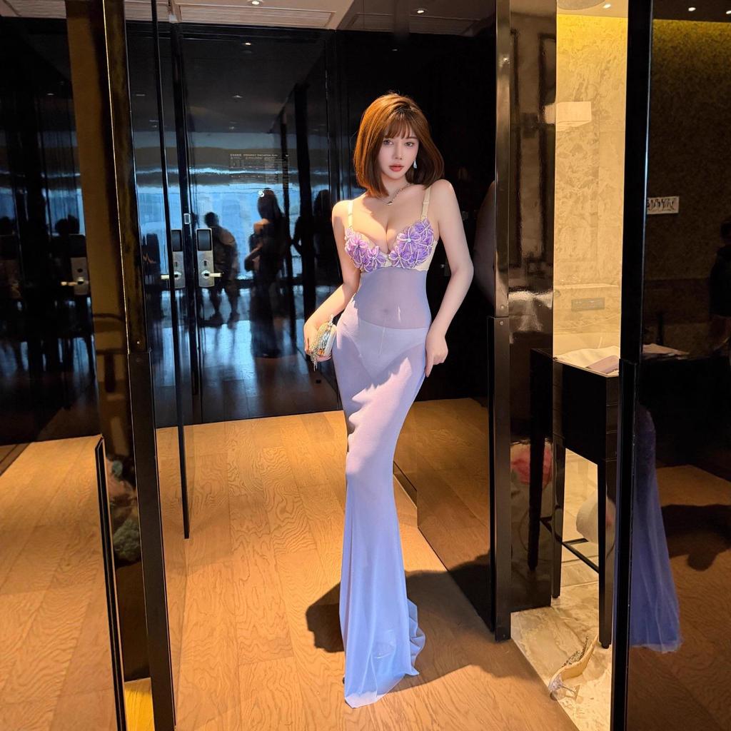 Elegant Purple Nightclub See-Through Gown with Push-Up Cups and Pearl Flower Accents - Mermaid Skirt Design