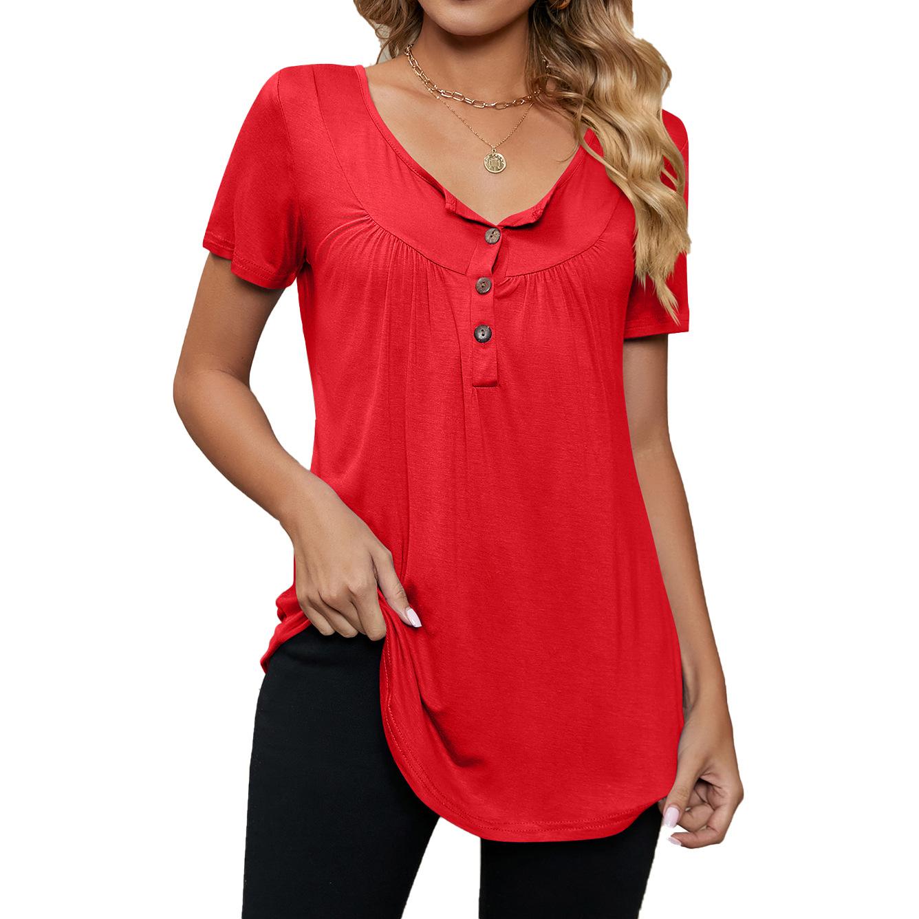 

Женская модная весенне-летняя плиссированная футболка на пуговицах с v-образным вырезом, свободная однотонная повседневная футболка с короткими рукавами и ласточкой, топ S красный