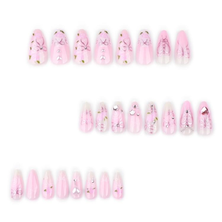 24Pcs Almond Fake Nail Press On Nail Artificial Acrylic Nail Glues On Nail Bows Heart Designs French Tips False Nail
