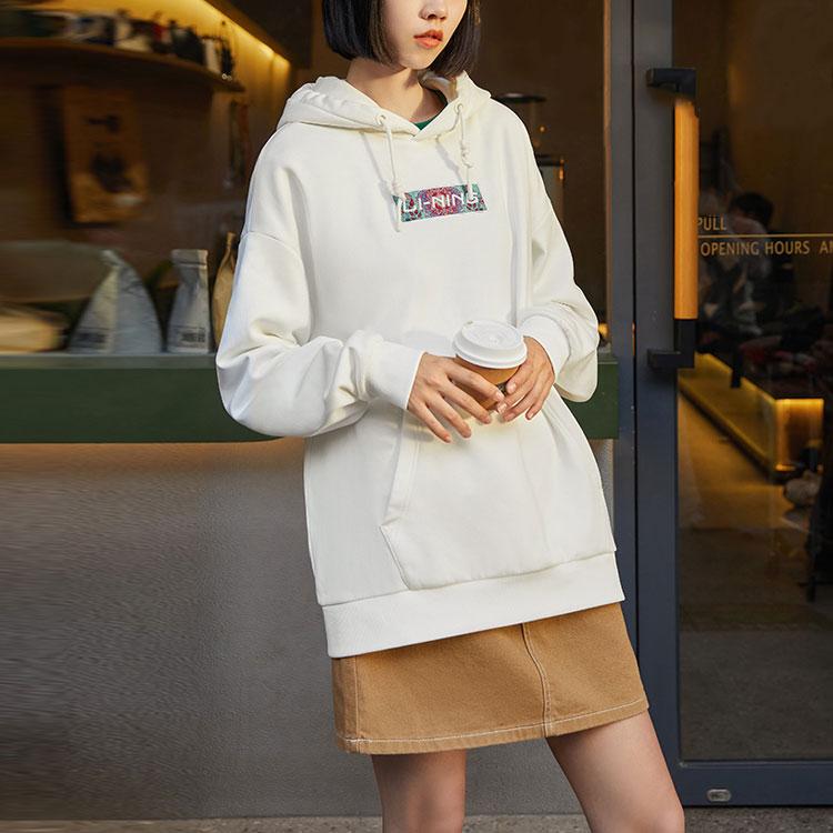 Li Ning Sports Fashion Series Embroidered Logo Fleece Pullover Winter Sweatshirt Unisex Sweatshirt Off-White AWDRD42-7