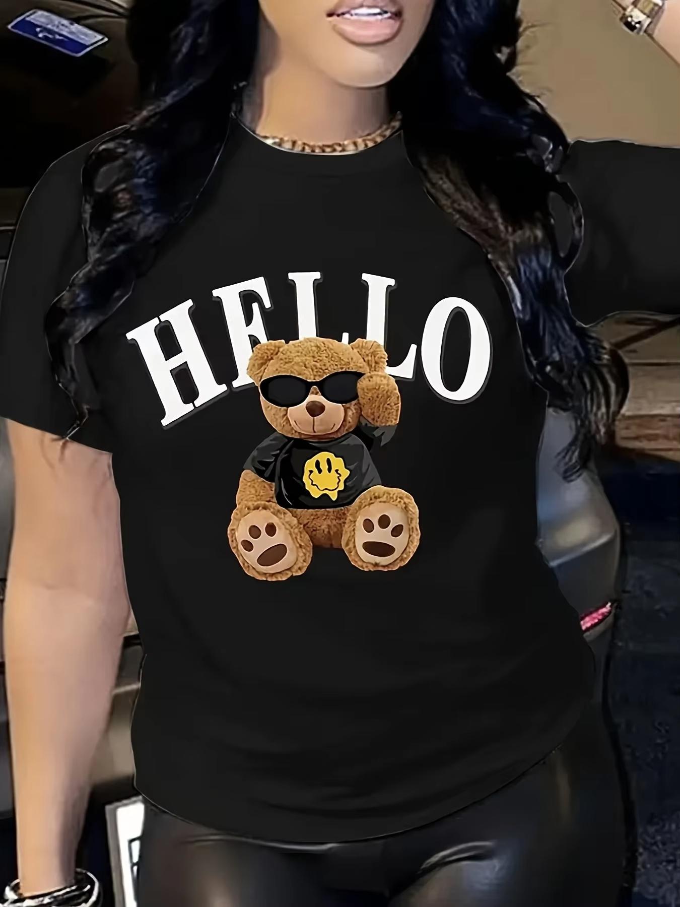 

Bear Print Tshirt Short Sleeve Crew Neck Casual Top for Summer Spring Womens Clothing yk top shirts for women 3XL