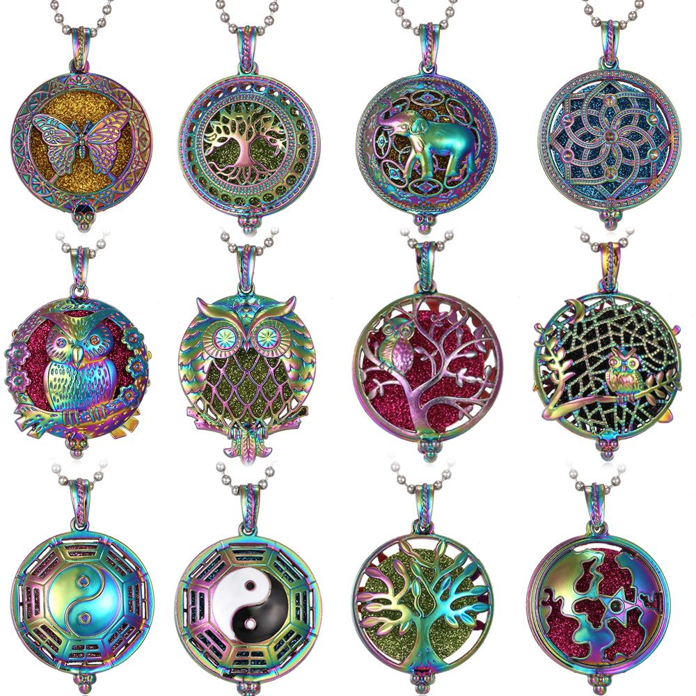 2pcs New Colorful Aromatherapy Necklace Vintage Flower Butterfly Tree Owl Essential Oil Diffuser Necklace Perfume Lockets Pendants