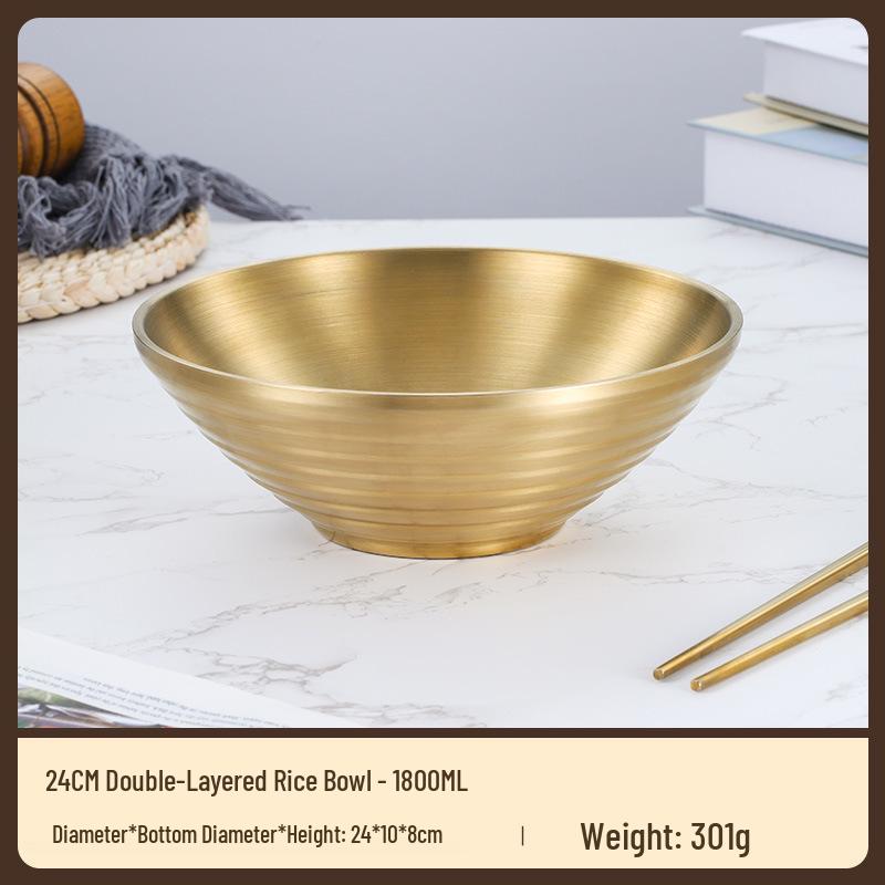 304 Stainless Steel Double Layer Heat-Insulated Ramen and Soup Bowl - Large Gold Noodle Mixing Bowl