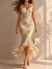 European and American, French Floral Waist and Hip Fishtail Skirt, Irregular Ruffle Edge Front Split Temperament Dress