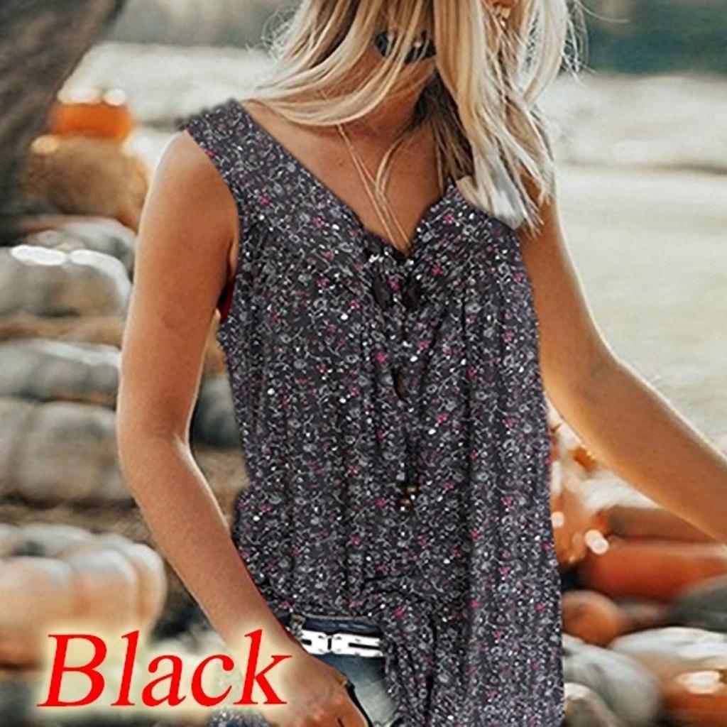 Fashion Women V Collar Printed Broken Flowers Sleeveless Leisure Time Shirt