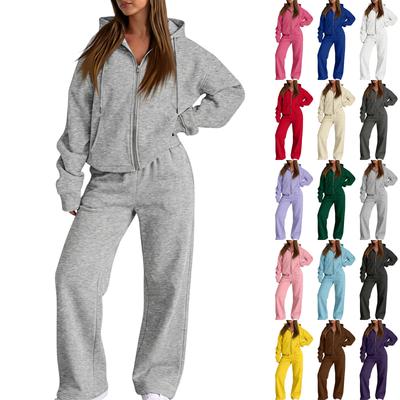 Women's Casual Two Piece Set Hoodie and Sweatpants Lounge Wear Zip Up Hooded Jacket and Elastic Waist Pants for Fall Winter