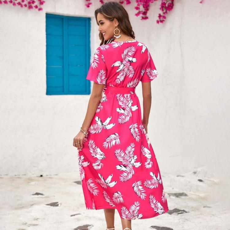 Women Summer High Waist A Line Dress Ethnic Printed Short Sleeve Lace Up