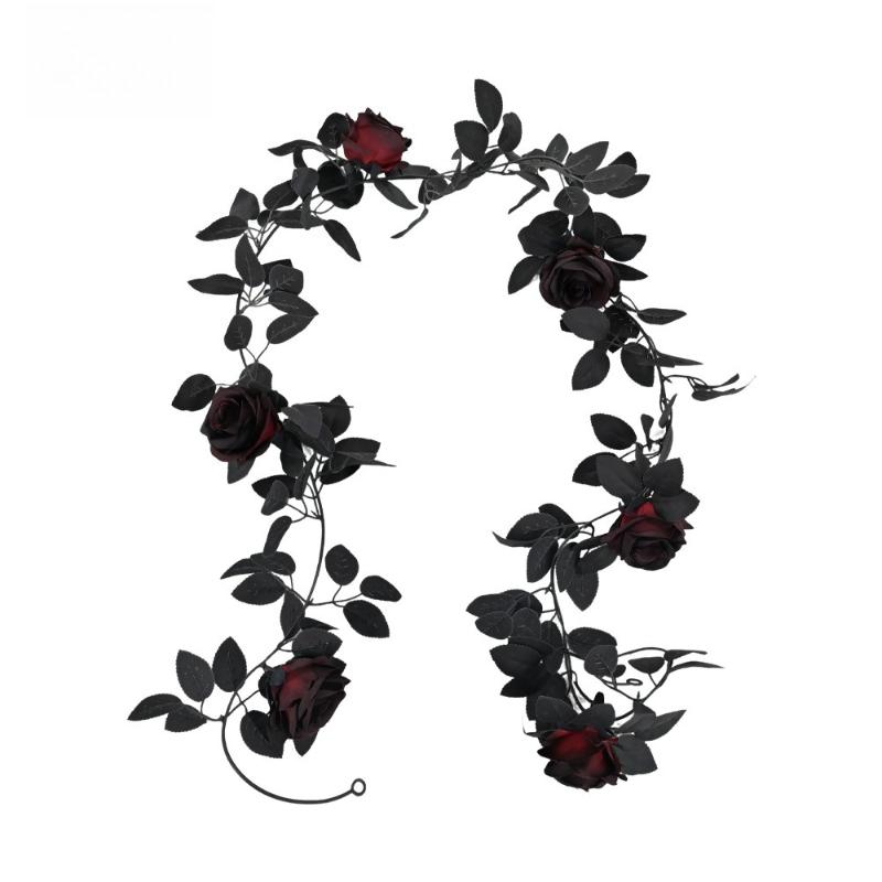 

3pcs Halloween Black Red Roses Leaves Vines Silk Artificial Flowers Hotel Decoration Simulation Rose Vine Fake Flower Leaf