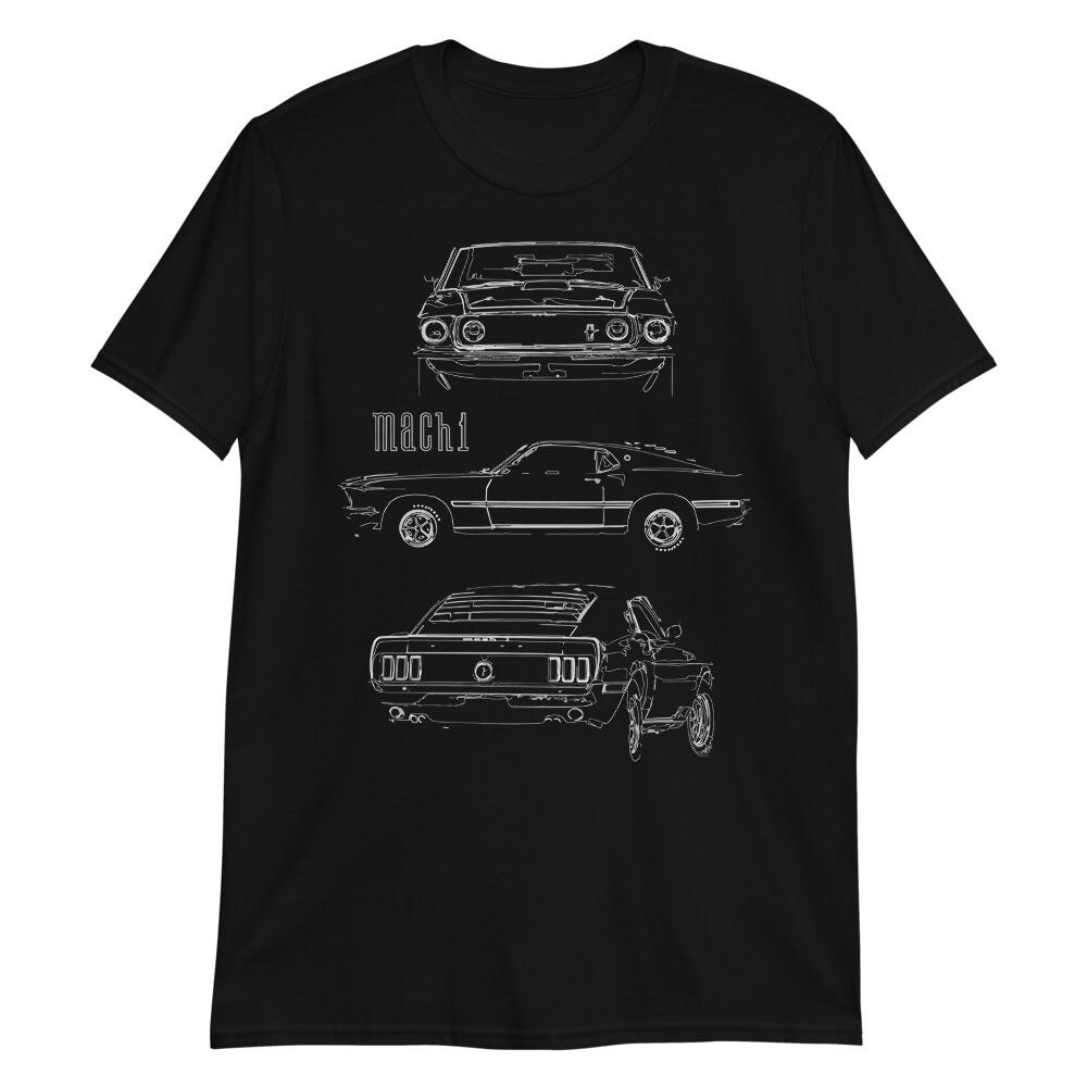 1969 Mustang Mach 1 Fastback Collector Car Outline Art Short-Sleeve T-Shirt S