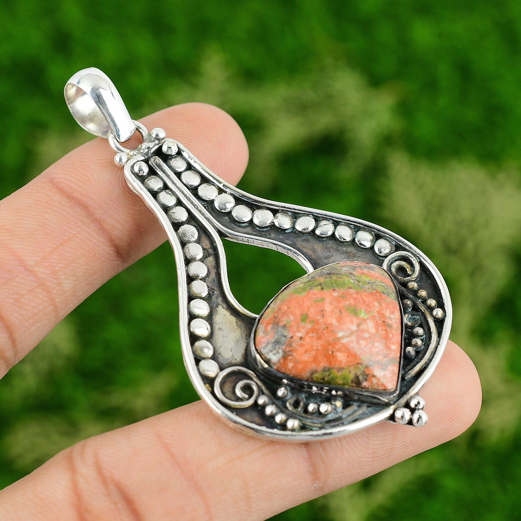 

Unakite Gemstone Bezel Trendy Heart Chakra Pendant Jewelry 925 Sterling Silver