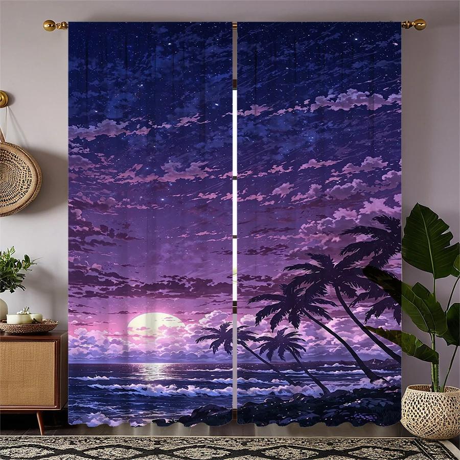 Beach Print Curtains Under Moonlight Pole Bag Christmas Decorations Daily Home Room Curtain Made Of Polyester Washable