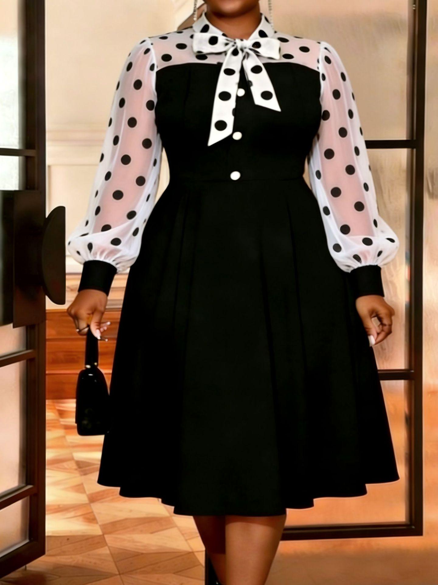 Plus Size Elegant Black Polka Dot A-Line Dress with See-Through Sleeves for Curvy Women 0XL чёрный