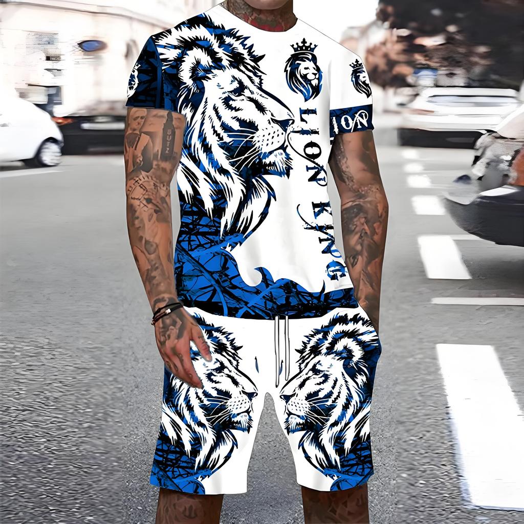 Trendy Lion Graphic Short Sleeve Top Drawstring Shorts Set Summer T-shirt Pocket Shorts 2-piece Set Oversized Men's Clothing