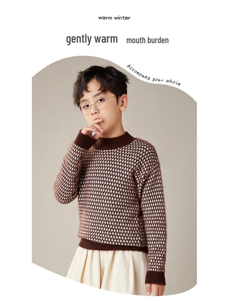 Kinder Pullover aus reiner Wolle mit Rundhalsausschnitt - Dick gestricktes warmes Oberteil für Jungen und Mädchen, Herbst/Winter Stil