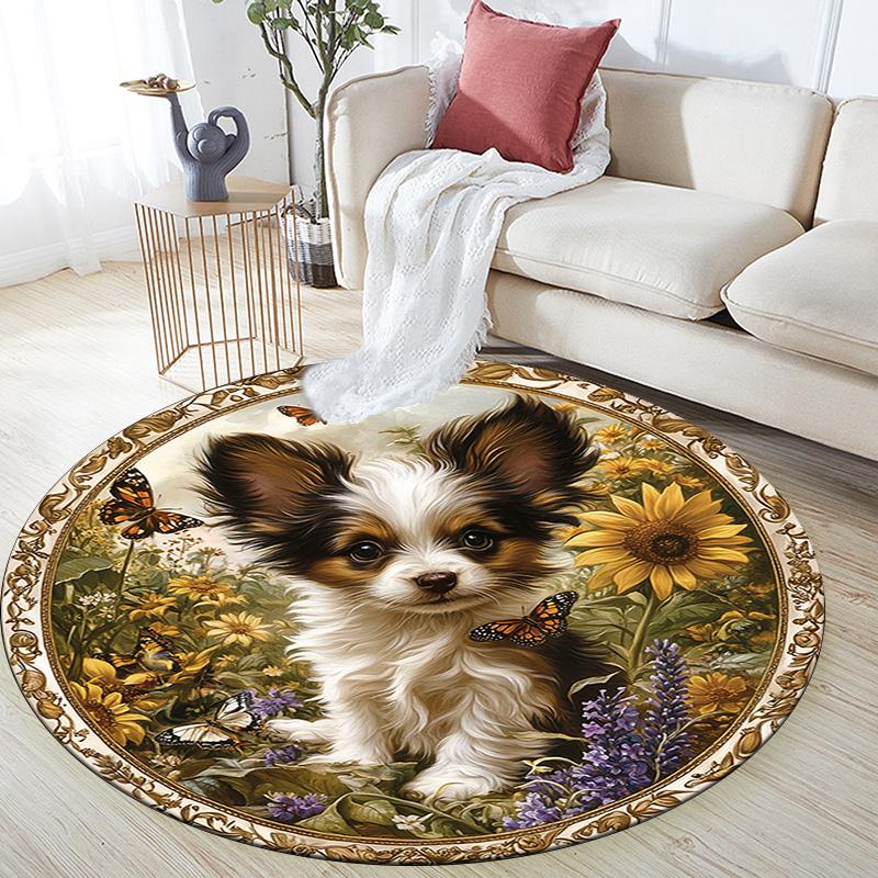 Puppy In Sunflowers Round Area Rug,Carpet Rug for Living Room Bedroom Sofa Playroom Decor,Non-slip Floor Mat