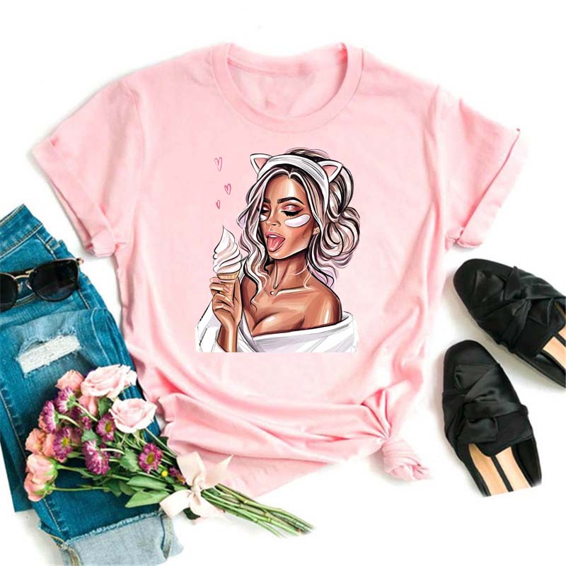 Women T Shirt Fashion Casual Female Print Shirt Loose Women Oneck Tops Harajuku 90s Girls Kawaii T Shirt Korean Style Clothes