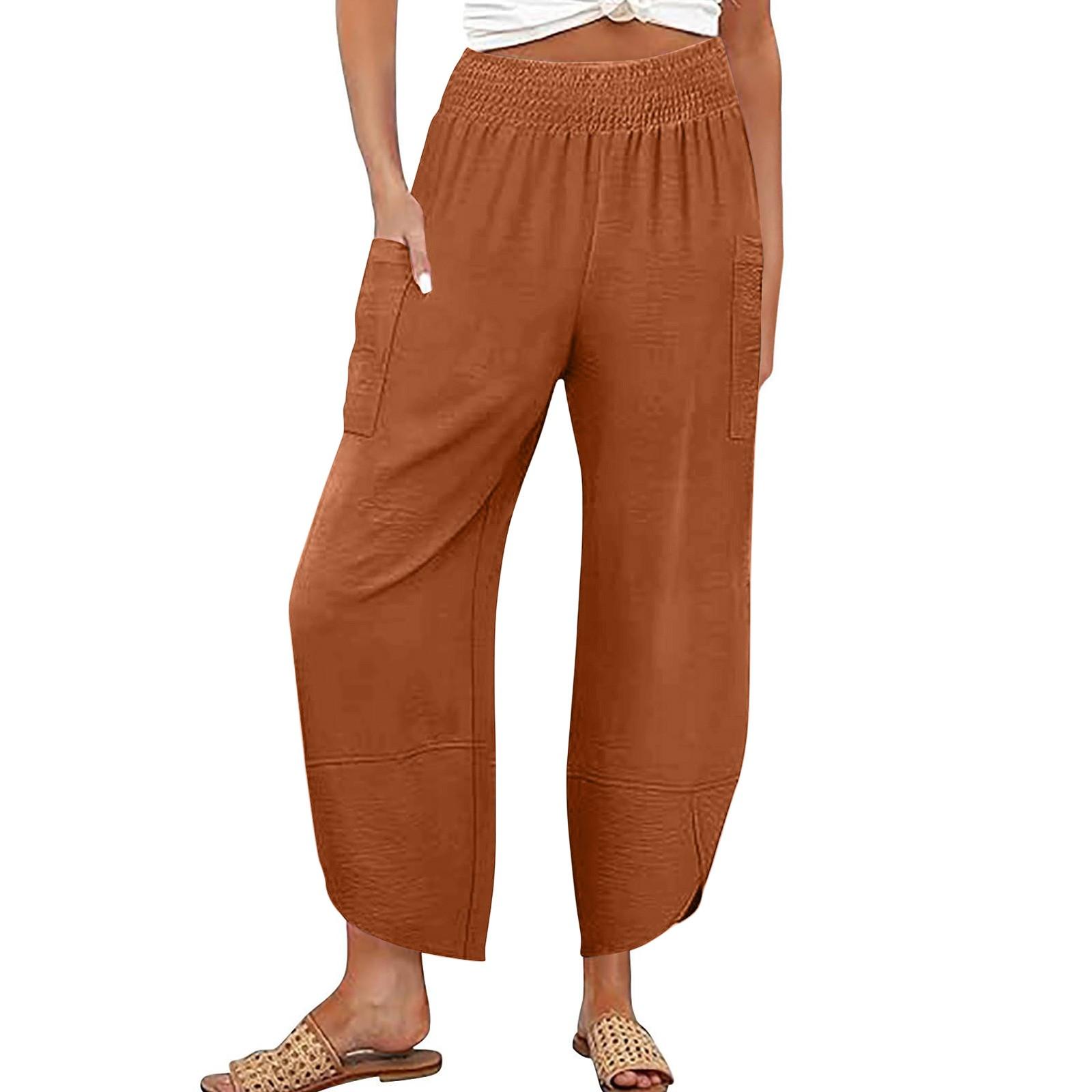 

Женские повседневные брюки, женские повседневные летние брюки со сборками и высокой талией, свободные легкие брюки с карманами L оранжевый