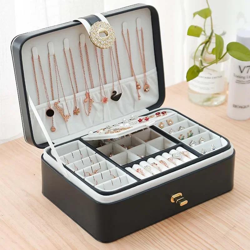 Jewelry Box Double Layer Portable Travel  Watch  Leather Display Organizer Necklace Storage Case For Earrings  Ring