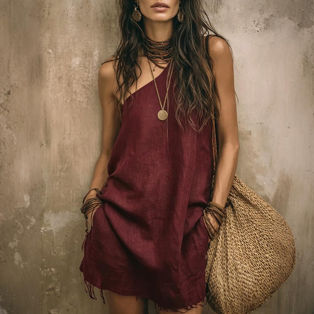 Women’s Casual Sleeveless Loose Fit Pocket Short Dress Cotton Linen Asymmetric Neckline Summer Tunic Style