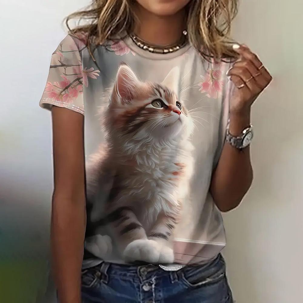 

Летняя футболка с абстрактным кошачьим принтом, 3D-печать, женская футболка с коротким рукавом и круглым вырезом, топы в стиле харадзюку Y2k, повседневные футболки, женская одежда S