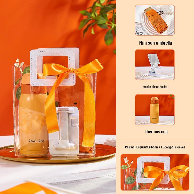 Festive Orange Gift Set: Mini Umbrella, Phone Stand, Thermal Mug