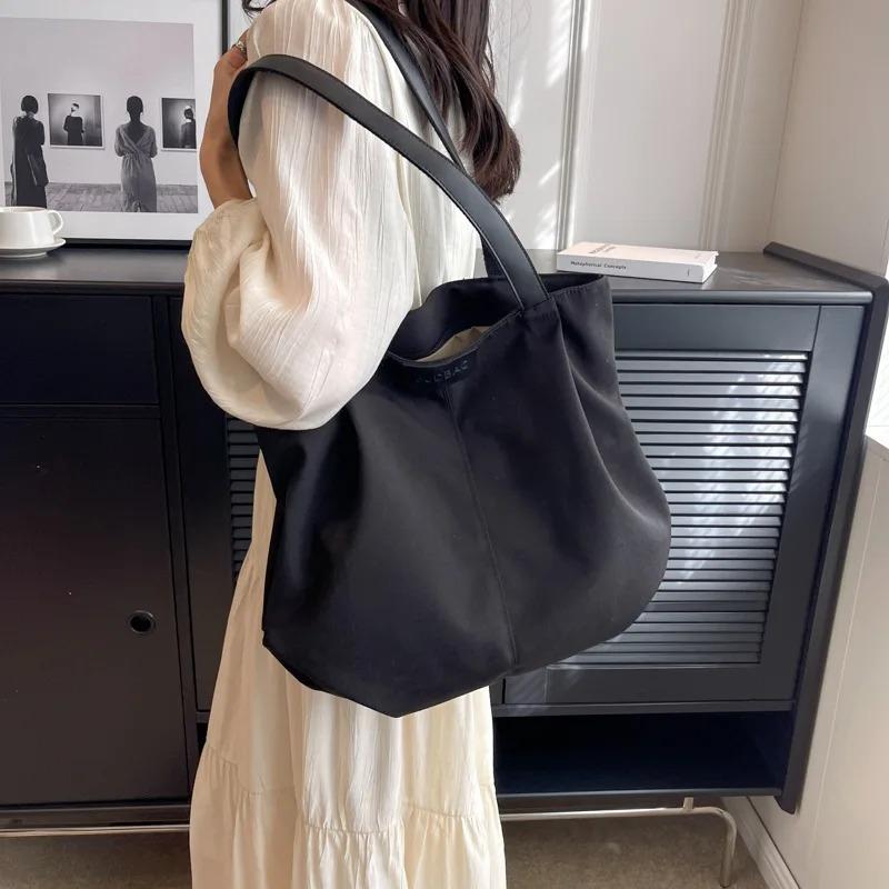 Simple Large Capacity Women's Canvas Tote Casual Thread Design Ladies Shoulder Bags Solid Color Portable Female Underarm Handbag