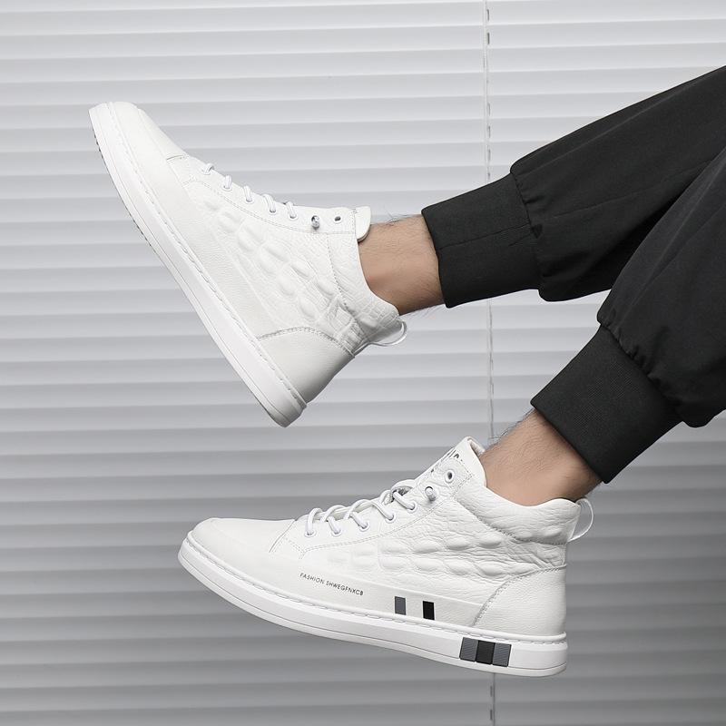 100% Genuine Leather Shoes Men High Top Fashion Flat Brand Black White Casual Shoes Cool Street Style Young Male Footwear Plus Size 48