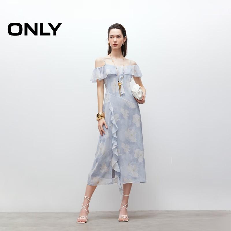 ONLY Women's Printed Ruffled V-Neck Strap Midi Dress