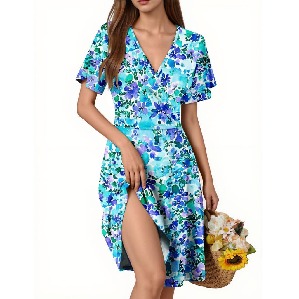 Damenkleid Trompetenärmel Kurzarm Lässiges Blumenkleid mit V-Ausschnitt
