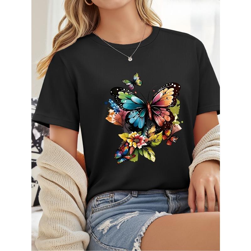 

European sizes Women S Vibrant Floral Butterfly Print Short Sleeve T-Shirt - Casual Round Neck, Lightweight & Breathable 4XL чорний