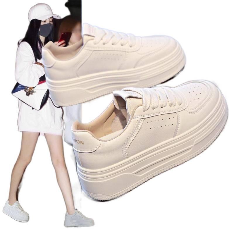 Dámské bílé prodyšné boty se silnou podrážkou - Pohodlné, protiskluzové, lehké, zvyšující výšku, skate tenisky na jaro a podzim
