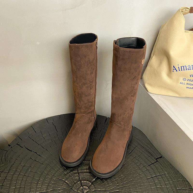2025 New Knee-length Fashion Boots Knight Boots Matte Suede British Style Round Head Low Heel Niche Thin Boots