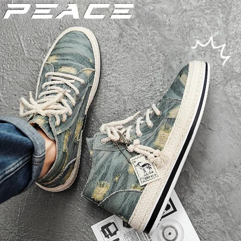 Herre High Top Canvas Sneakers med Snøring Klassiske Casual Gåsko Ungdom Rundown Stil Cricketsko