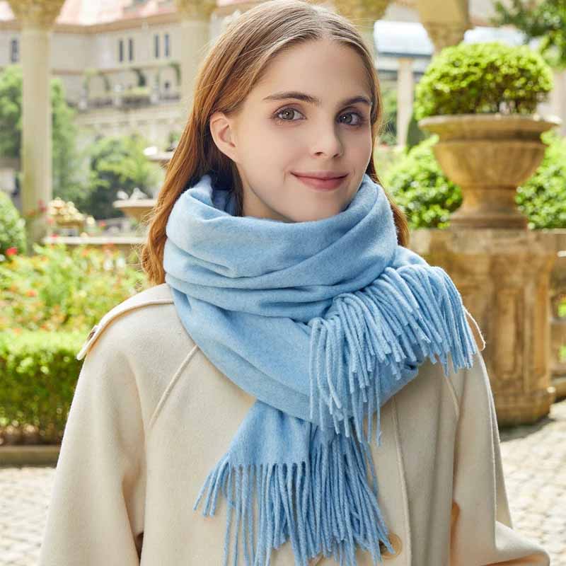 Fular Gros de Lână Culoare Solidă Unisex Fular de Iarnă cu Franjuri de Cașmir Cald Rezistent la Vânt Înfășurare Plaid pentru Femei & Bărbați