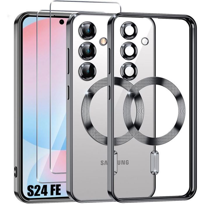 Coque pour Samsung Galaxy S24 FE - TPU avec Cercle Magnétique - Noir + 2 Verres Trempés - BOOLING®