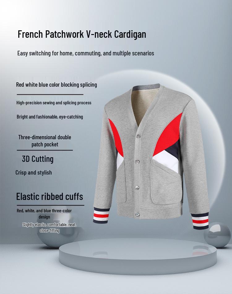 Spring & Autumn Cotton Cardigan: Trendy Red, White & Blue Patchwork Jacket for Couples (B05)