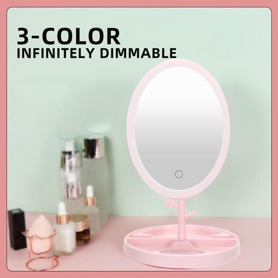 LED Makeup Mirror With Light Lamp With Storage Desktop Rotating Cosmetic Mirror Light Adjustable Dimming USB Vanity Mirror