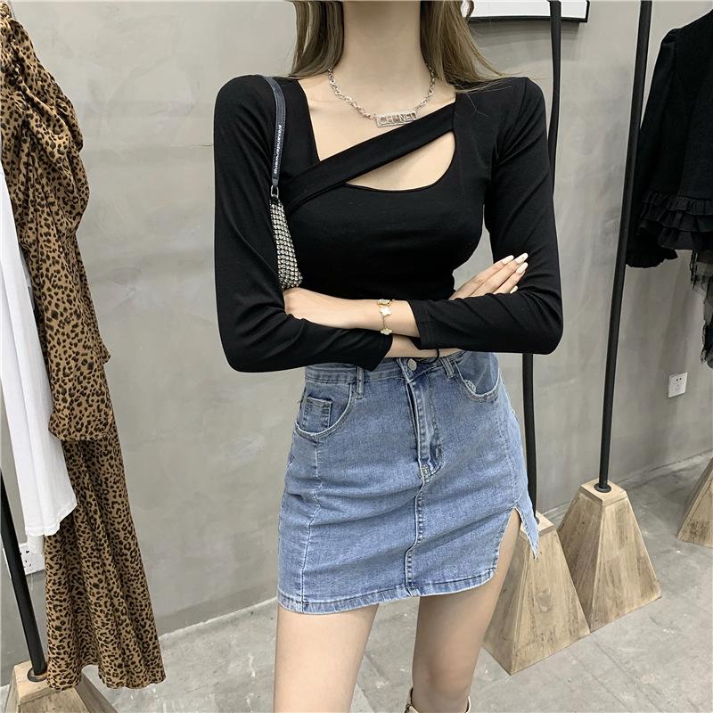Autumn New Design Sense Careful Machine Hollow-out T-shirt Solid Color Matching Slim Slim Long Sleeve Top Female Tide