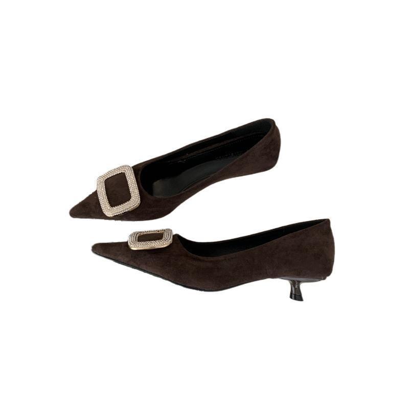 Square Buckle Rhinestone Pointed High Heels Spring and Autumn High-end Sense Elegant Suede Thin Heel Light Mouth Single Shoes Professional Women's