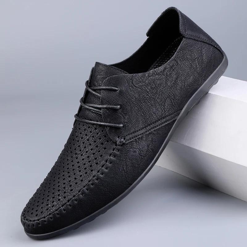 Designer Breathable Boat Shoes Summer Hollow Leather Shoes Men Luxury Italian Casual Handmade Soft Leather Shoes Zapatos Hombre cm colore grigio