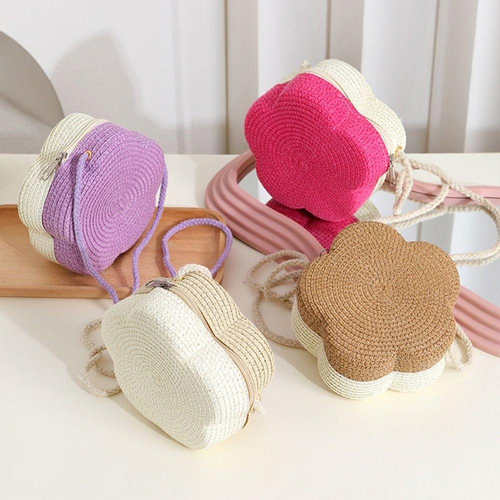 Kawaii Straw Small Shoulder Bag Flower Shape Woven Crossbody Bag Fairy Beach Straw Bag  Summer