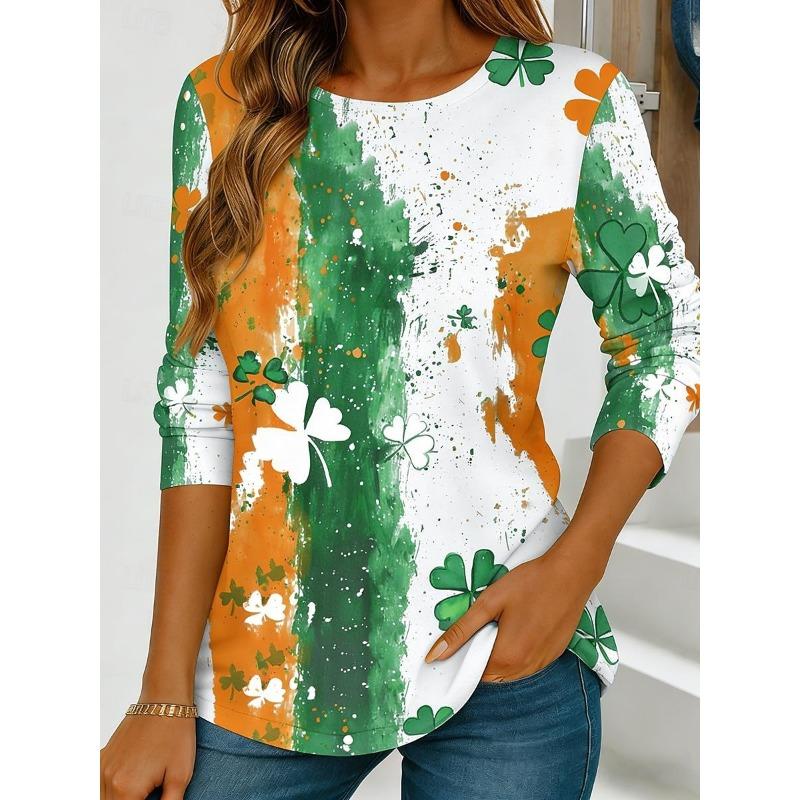 St.Patrick’s Day Green Lucky Clover Element Women's Long-sleeved T-shirt 3D Print Round Neck Festival Women Clothing Tops Tees