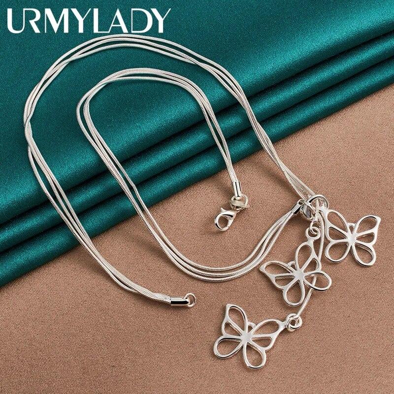 URMYLADY 925 Sterling Silver Butterfly 20 Inch Pendant Necklace For Women Wedding Party Fashion Jewelry